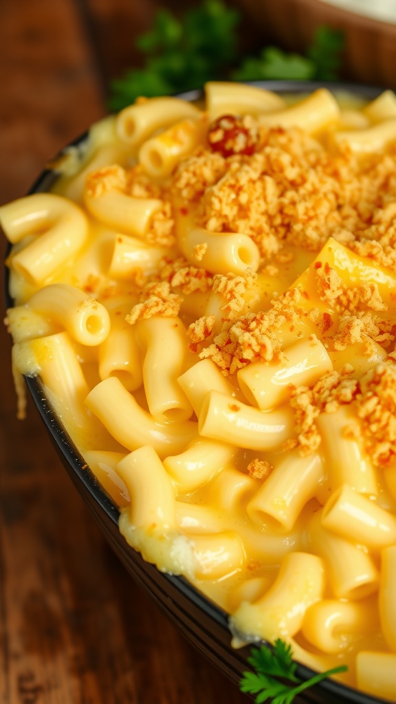 Baked macaroni and cheese topped with breadcrumbs and melted cheese, served in a rustic dish.